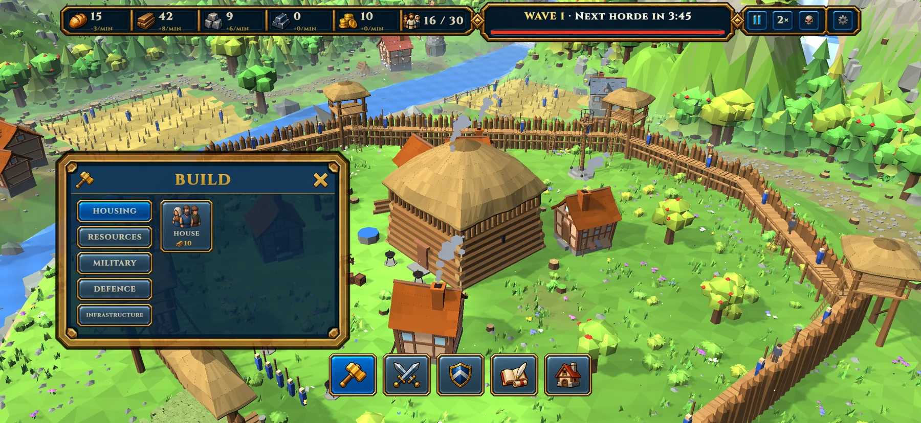 In-game build menu with the categories housing, resources, military, defence and infrastructure, the village behind the palisade in the background