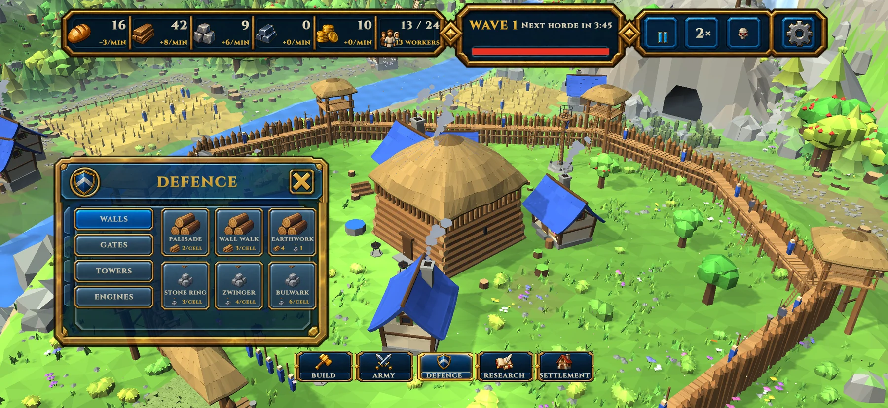 Verteidigungsmenü im Spiel mit Mauern, Toren, Türmen und Belagerungsgerät